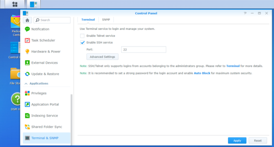 Synology NAS, Terminal & SNMP, Enable SSH Service